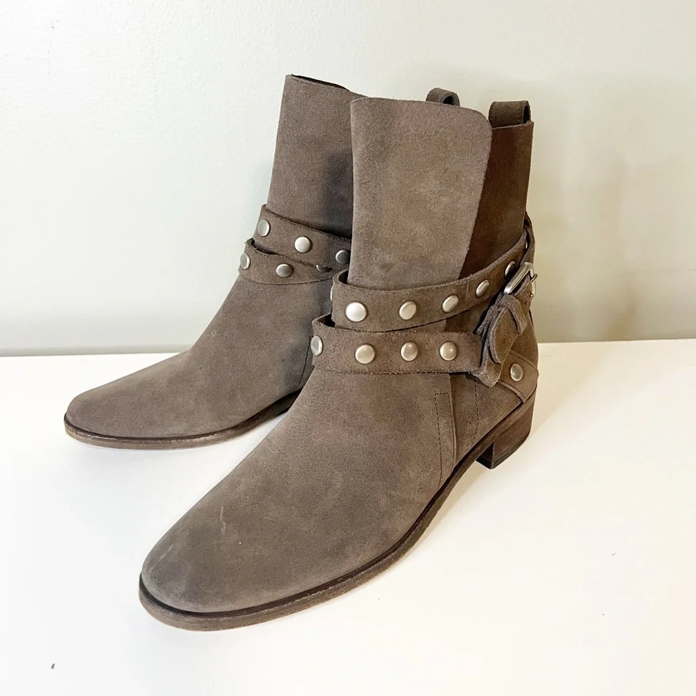 See by Chloe Neo Janis Metal Studded Buckle Suede Taupe Slip On Ankle Boot - Picture 6 of 9